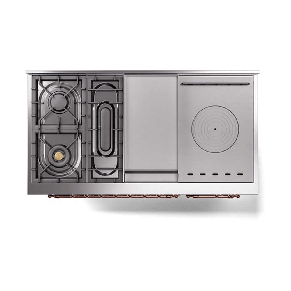 ILVE Nostalgie II 48-Inch Propane Gas Dual Fuel Range with 5 Burners, Griddle, & French Top, with Solid Door Oven in Emerald Green with Bronze Trim (UP48FSQNMPEGBLP)