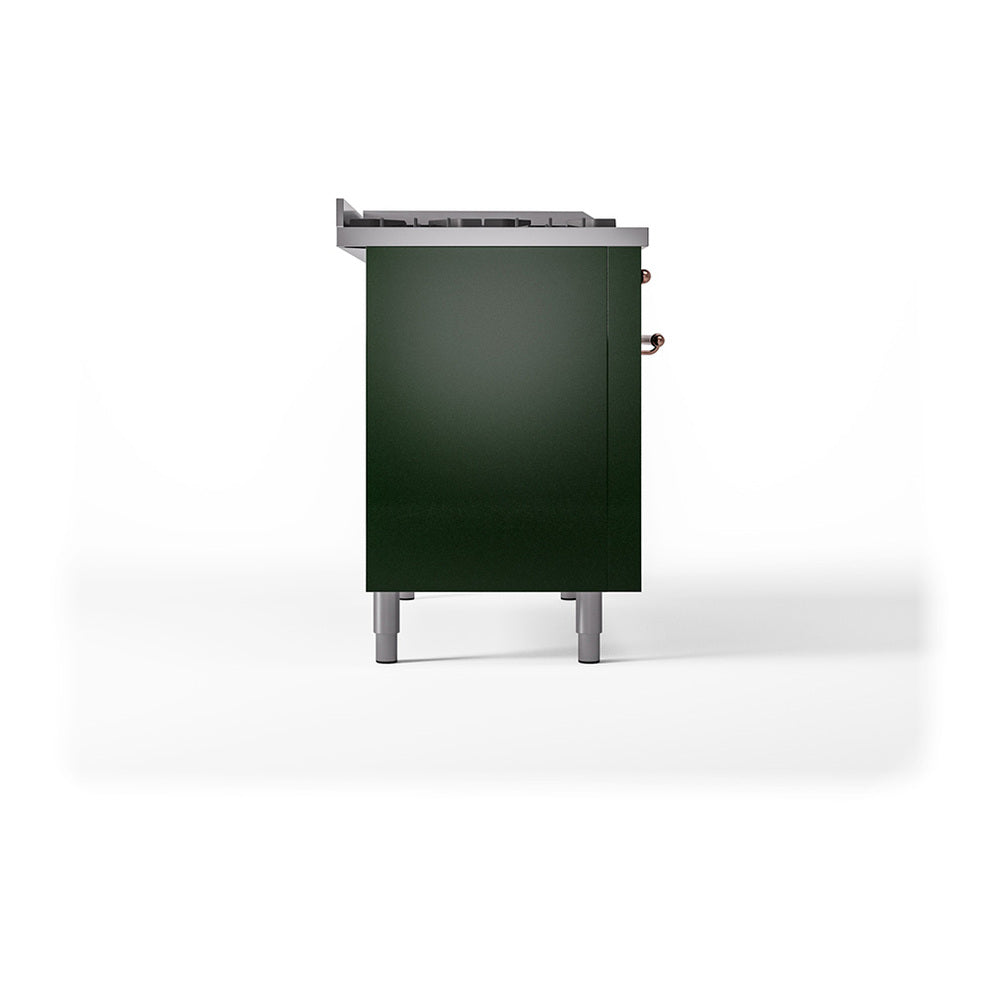 ILVE Nostalgie II 48-Inch Propane Gas Dual Fuel Range with 5 Burners, Griddle, & French Top, with Solid Door Oven in Emerald Green with Bronze Trim (UP48FSQNMPEGBLP)