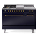 ILVE Nostalgie II 48-Inch Propane Gas Dual Fuel Range with 5 Burners, Griddle, & French Top, with Solid Door Oven in Midnight Blue with Brass Trim (UP48FSQNMPMBGLP)