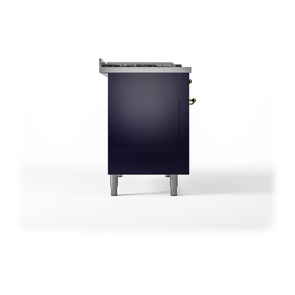 ILVE Nostalgie II 48-Inch Natural Gas Dual Fuel Range with 5 Burners, Griddle, & French Top, with Solid Door Oven in Midnight Blue with Brass Trim (UP48FSQNMPMBG)