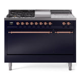 ILVE Nostalgie II 48-Inch Propane Gas Dual Fuel Range with 5 Burners, Griddle, & French Top, with Solid Door Oven in Midnight Blue with Copper Trim (UP48FSQNMPMBPLP)