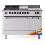 ILVE Nostalgie II 48-Inch Propane Gas Dual Fuel Range with 5 Burners, Griddle, & French Top, with Solid Door Oven in Custom RAL with Bronze Trim (UP48FSQNMPRABLP)