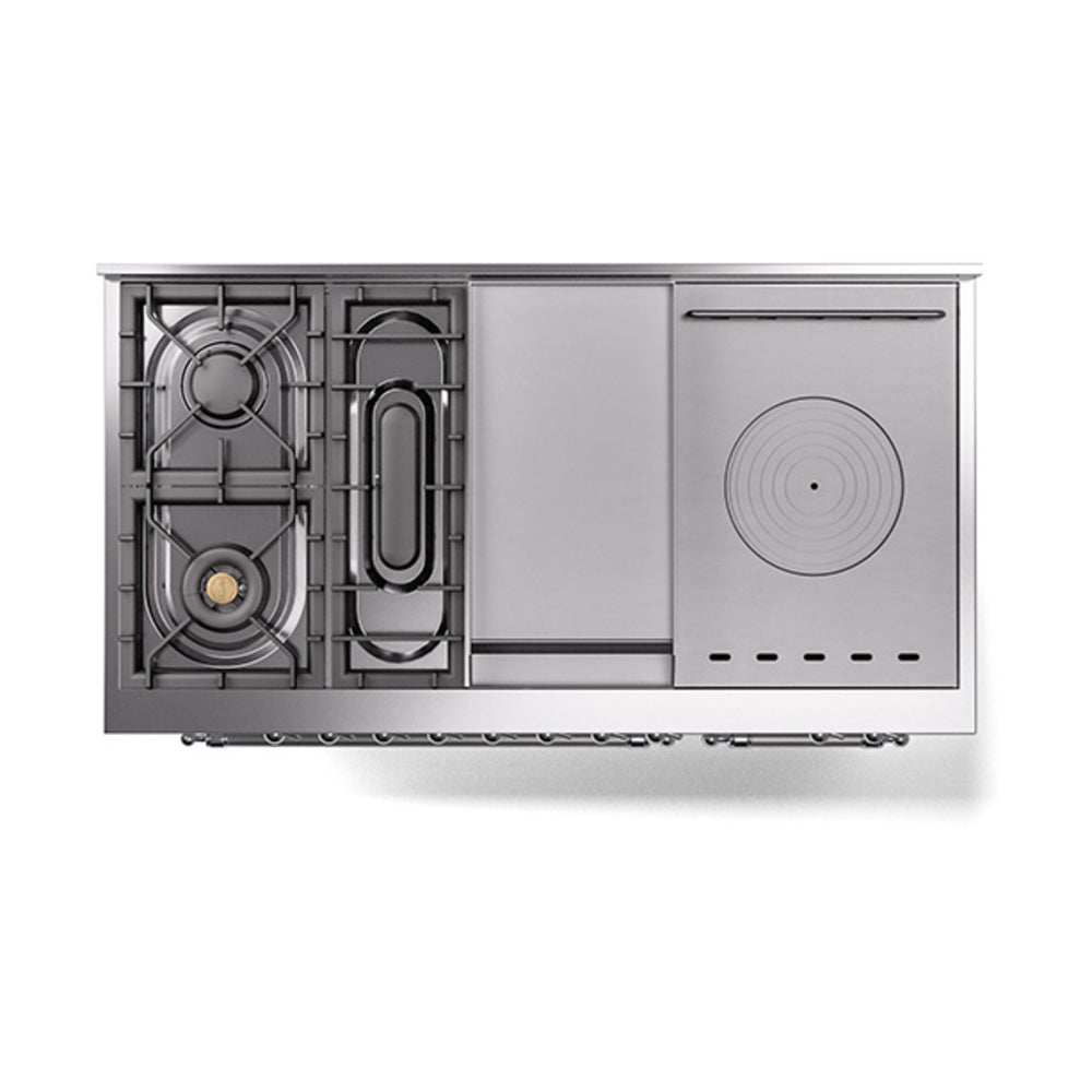 ILVE Nostalgie II 48-Inch Propane Gas Dual Fuel Range with 5 Burners, Griddle, & French Top, with Solid Door Oven in Custom RAL with Chrome Trim (UP48FSQNMPRACLP)