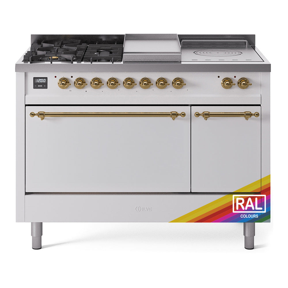 ILVE Nostalgie II 48-Inch Propane Gas Dual Fuel Range with 5 Burners, Griddle, & French Top, with Solid Door Oven in RAL with Brass Trim (UP48FSQNMPRAGLP)