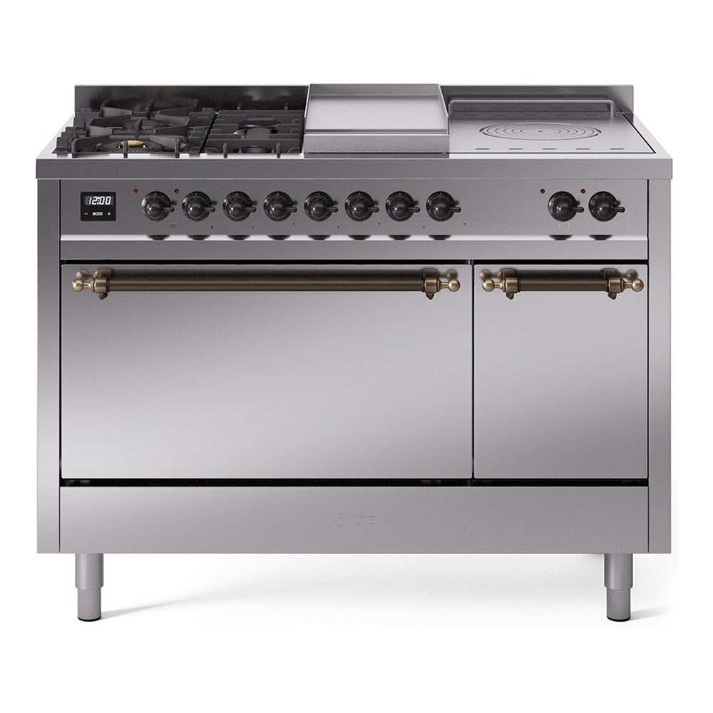 ILVE Nostalgie II 48-Inch Natural Gas Dual Fuel Range with 5 Burners, Griddle, & French Top, with Solid Door Oven in Stainless Steel with Bronze Trim (UP48FSQNMPSSB)