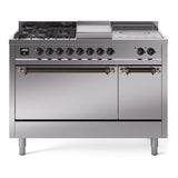 ILVE Nostalgie II 48-Inch Natural Gas Dual Fuel Range with 5 Burners, Griddle, & French Top, with Solid Door Oven in Stainless Steel with Bronze Trim (UP48FSQNMPSSB)