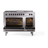 ILVE Nostalgie II 48-Inch Natural Gas Dual Fuel Range with 5 Burners, Griddle, & French Top, with Solid Door Oven in Stainless Steel with Bronze Trim (UP48FSQNMPSSB)