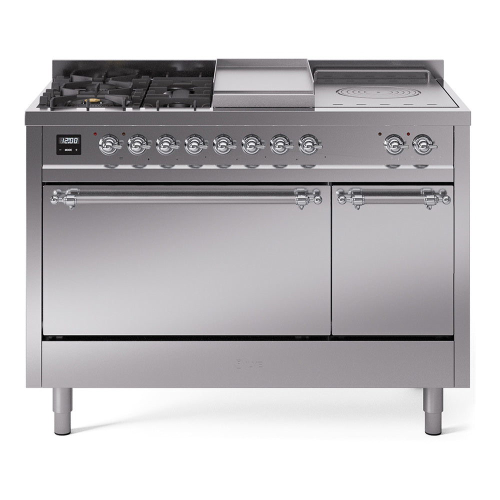 ILVE Nostalgie II 48-Inch Propane Gas Dual Fuel Range with 5 Burners, Griddle, & French Top, with Solid Door Oven in Stainless Steel with Chrome Trim (UP48FSQNMPSSCLP)