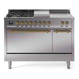 ILVE Nostalgie II 48-Inch Propane Gas Dual Fuel Range with 5 Burners, Griddle, & French Top, with Solid Door Oven in Stainless Steel with Brass Trim (UP48FSQNMPSSGLP)