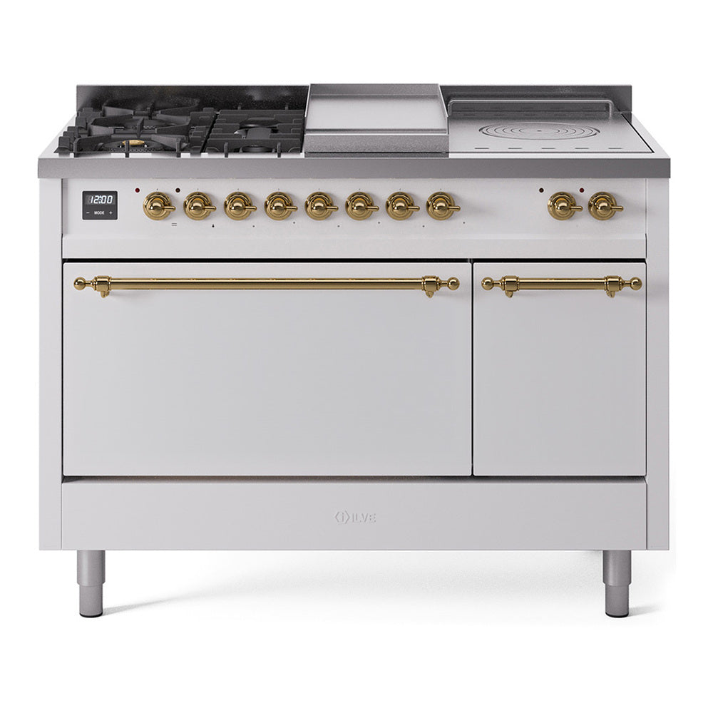 ILVE Nostalgie II 48-Inch Propane Gas Dual Fuel Range with 5 Burners, Griddle, & French Top, with Solid Door Oven in White with Brass Trim (UP48FSQNMPWHGLP)