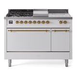 ILVE Nostalgie II 48-Inch Propane Gas Dual Fuel Range with 5 Burners, Griddle, & French Top, with Solid Door Oven in White with Brass Trim (UP48FSQNMPWHGLP)