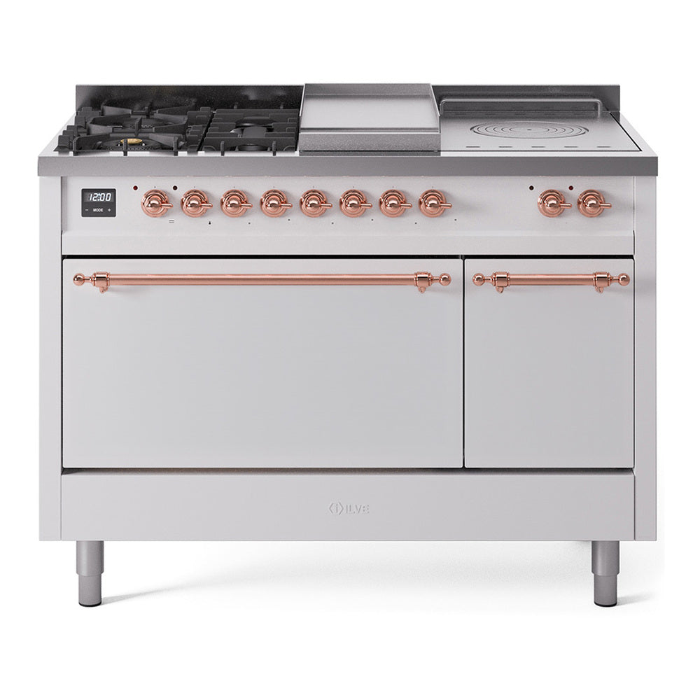 ILVE Nostalgie II 48-Inch Propane Gas Dual Fuel Range with 5 Burners, Griddle, & French Top, with Solid Door Oven in White with Copper Trim (UP48FSQNMPWHPLP)