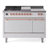 ILVE Nostalgie II 48-Inch Propane Gas Dual Fuel Range with 5 Burners, Griddle, & French Top, with Solid Door Oven in White with Copper Trim (UP48FSQNMPWHPLP)