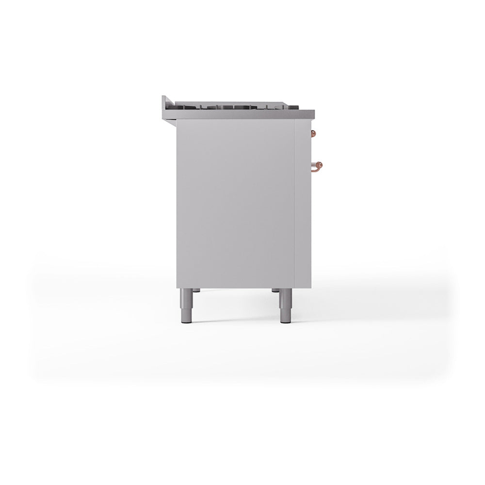 ILVE Nostalgie II 48-Inch Propane Gas Dual Fuel Range with 5 Burners, Griddle, & French Top, with Solid Door Oven in White with Copper Trim (UP48FSQNMPWHPLP)