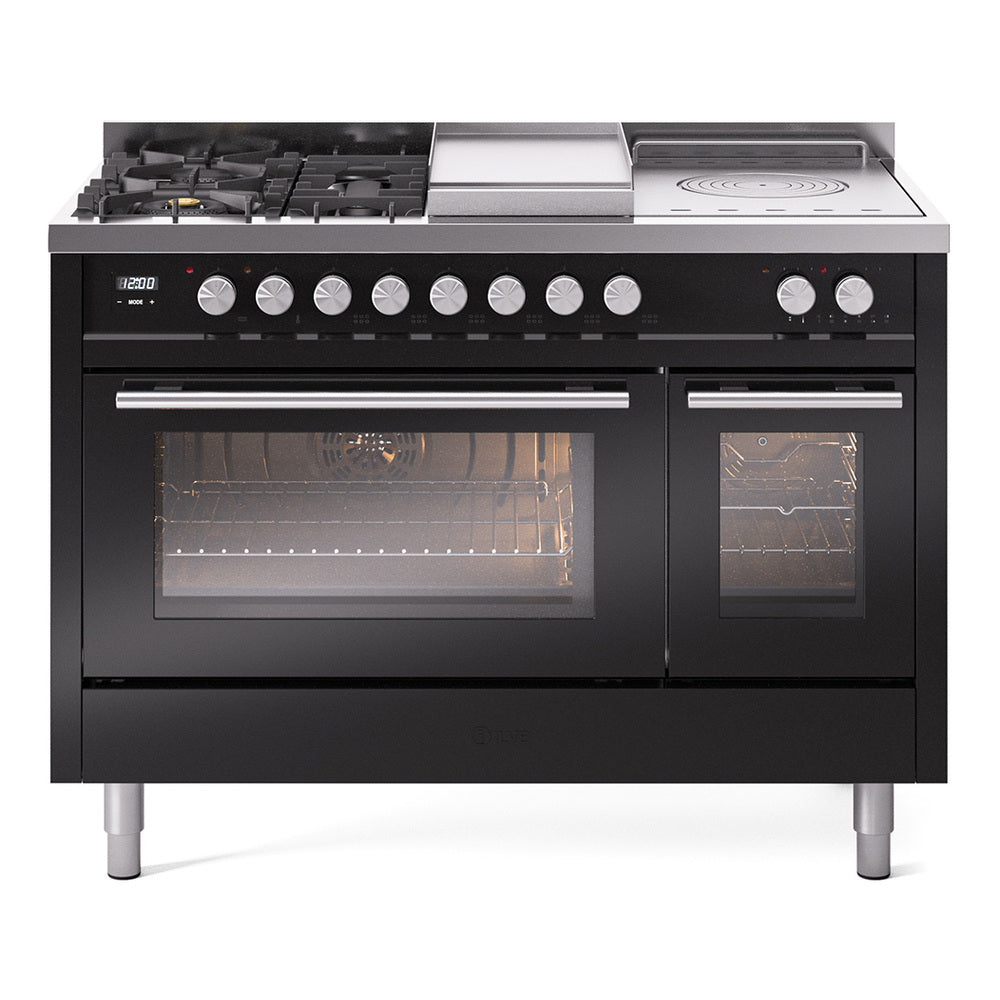 ILVE 48-inch Professional Plus II Propane Gas Dual Fuel Range with 5 Burners, Griddle, French Top, and Triple Glass Door Oven in Glossy Black (UP48FSWMPBKLP)