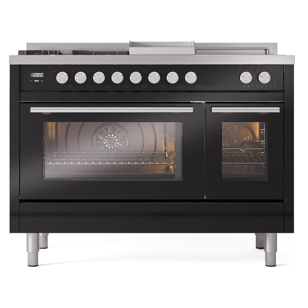 ILVE 48-inch Professional Plus II Propane Gas Dual Fuel Range with 5 Burners, Griddle, French Top, and Triple Glass Door Oven in Glossy Black (UP48FSWMPBKLP)