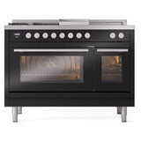 ILVE 48-inch Professional Plus II Propane Gas Dual Fuel Range with 5 Burners, Griddle, French Top, and Triple Glass Door Oven in Glossy Black (UP48FSWMPBKLP)