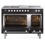 ILVE 48-inch Professional Plus II Propane Gas Dual Fuel Range with 5 Burners, Griddle, French Top, and Triple Glass Door Oven in Glossy Black (UP48FSWMPBKLP)