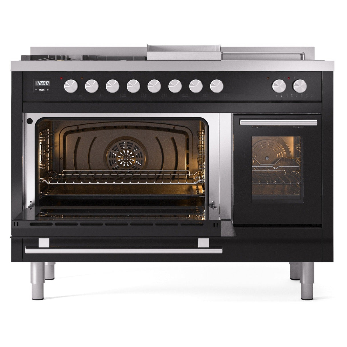 ILVE 48-inch Professional Plus II Propane Gas Dual Fuel Range with 5 Burners, Griddle, French Top, and Triple Glass Door Oven in Glossy Black (UP48FSWMPBKLP)
