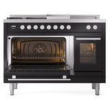 ILVE 48-inch Professional Plus II Propane Gas Dual Fuel Range with 5 Burners, Griddle, French Top, and Triple Glass Door Oven in Glossy Black (UP48FSWMPBKLP)