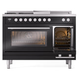 ILVE 48-inch Professional Plus II Propane Gas Dual Fuel Range with 5 Burners, Griddle, French Top, and Triple Glass Door Oven in Glossy Black (UP48FSWMPBKLP)