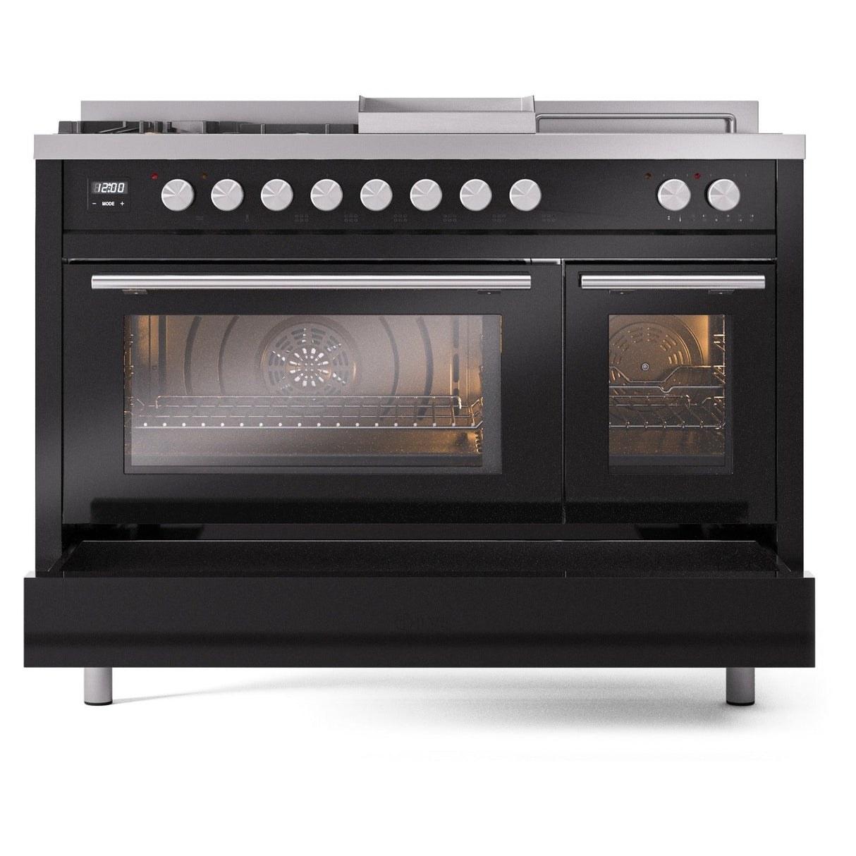ILVE 48-inch Professional Plus II Propane Gas Dual Fuel Range with 5 Burners, Griddle, French Top, and Triple Glass Door Oven in Glossy Black (UP48FSWMPBKLP)