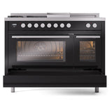 ILVE 48-inch Professional Plus II Propane Gas Dual Fuel Range with 5 Burners, Griddle, French Top, and Triple Glass Door Oven in Glossy Black (UP48FSWMPBKLP)