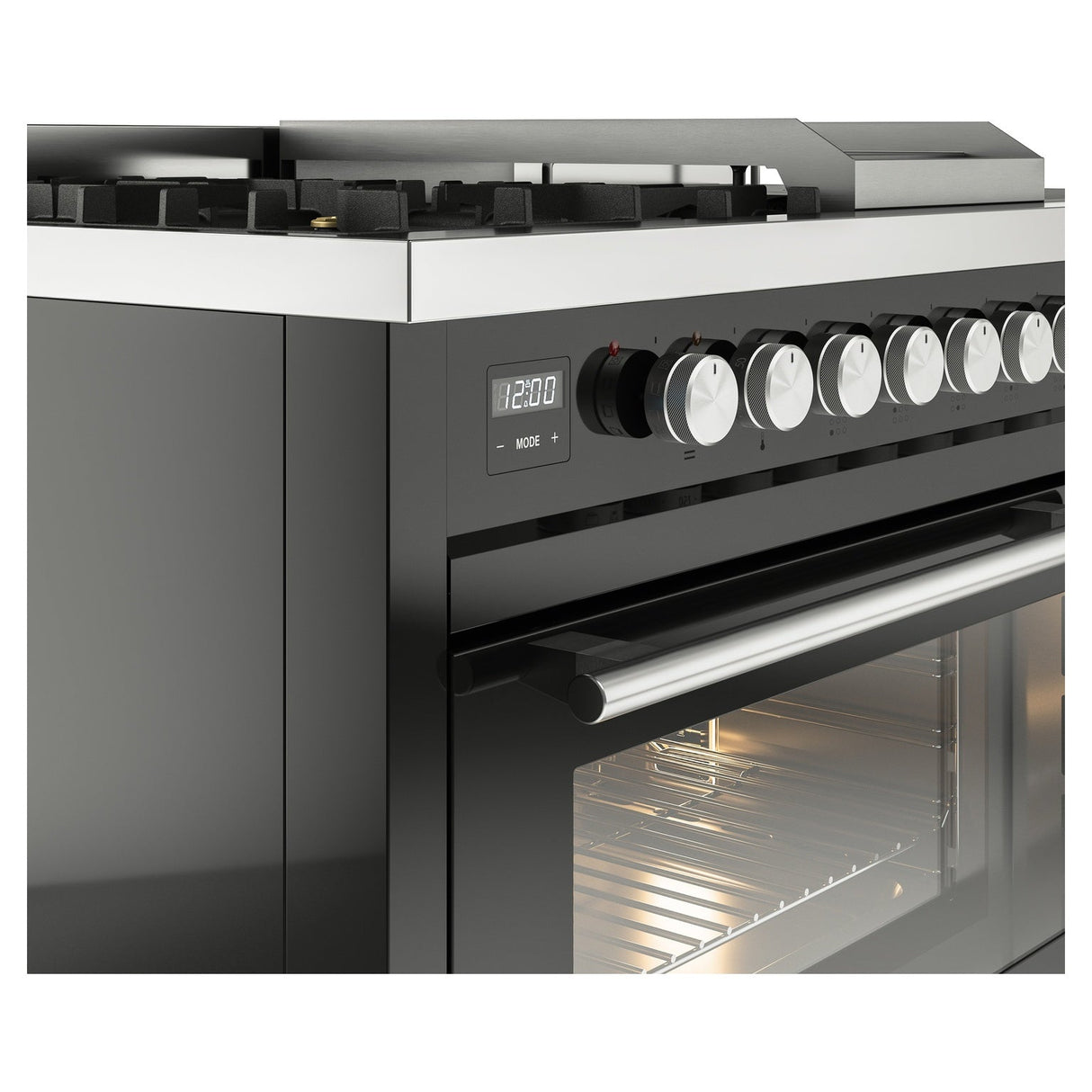 ILVE 48-inch Professional Plus II Propane Gas Dual Fuel Range with 5 Burners, Griddle, French Top, and Triple Glass Door Oven in Glossy Black (UP48FSWMPBKLP)