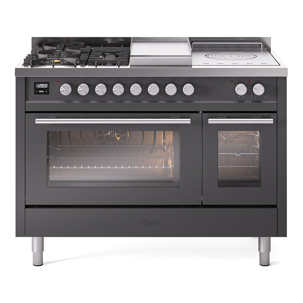 ILVE Professional Plus II 48-inch Natural Gas Dual Fuel Range with 5 Burners, Griddle, & French Top with Triple Glass Door Oven in Matte Graphite (UP48FSWMPMG)