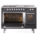 ILVE Professional Plus II 48-inch Natural Gas Dual Fuel Range with 5 Burners, Griddle, & French Top with Triple Glass Door Oven in Matte Graphite (UP48FSWMPMG)