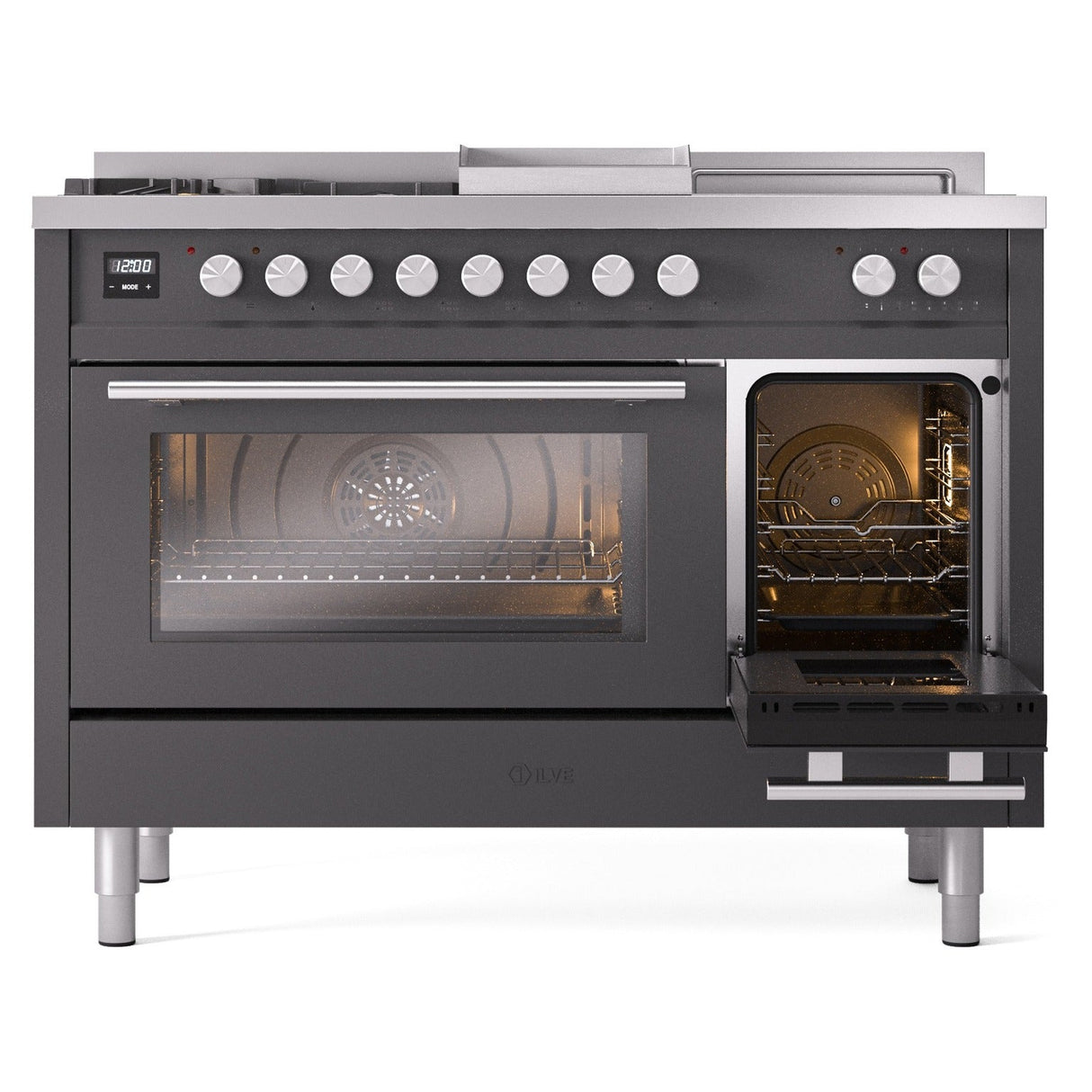 ILVE Professional Plus II 48-inch Natural Gas Dual Fuel Range with 5 Burners, Griddle, & French Top with Triple Glass Door Oven in Matte Graphite (UP48FSWMPMG)