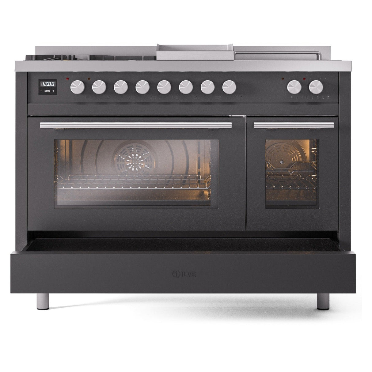 ILVE Professional Plus II 48-inch Natural Gas Dual Fuel Range with 5 Burners, Griddle, & French Top with Triple Glass Door Oven in Matte Graphite (UP48FSWMPMG)