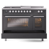 ILVE Professional Plus II 48-inch Natural Gas Dual Fuel Range with 5 Burners, Griddle, & French Top with Triple Glass Door Oven in Matte Graphite (UP48FSWMPMG)