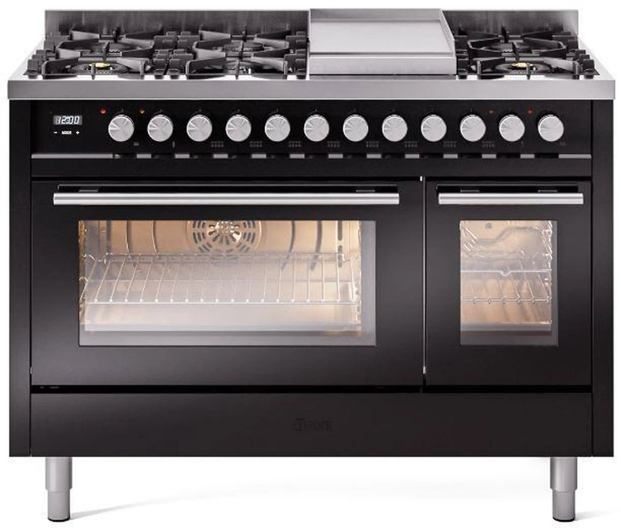 ILVE 48-Inch Professional Plus II Freestanding Propane Gas Dual Fuel Range with 8 Sealed Burner in Glossy Black (UP48FWMPBKLP)
