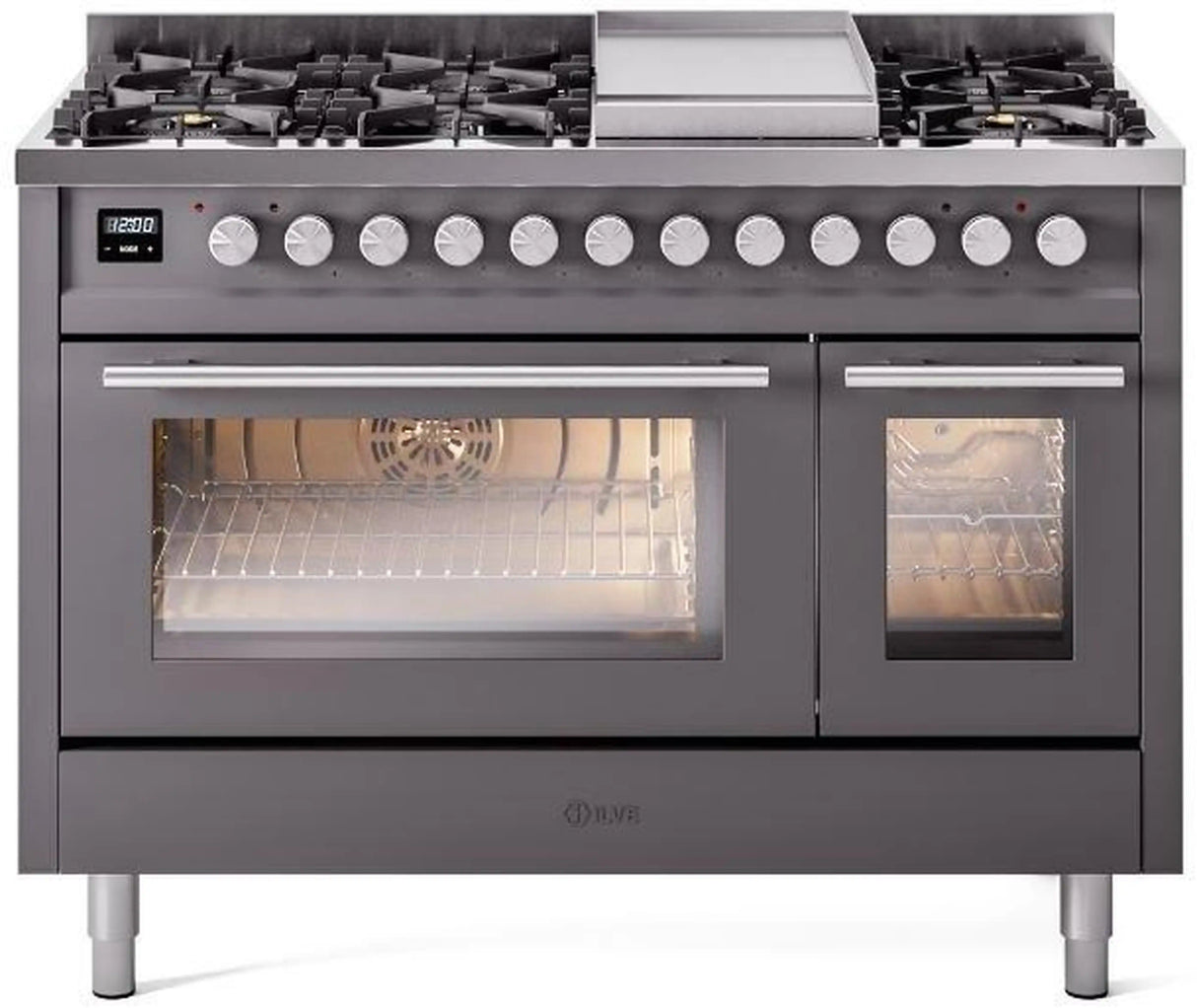 ILVE 48-Inch Professional Plus II Freestanding Natural Gas Dual Fuel Range with 8 Sealed Burner in Matte Graphite (UP48FWMPMG)