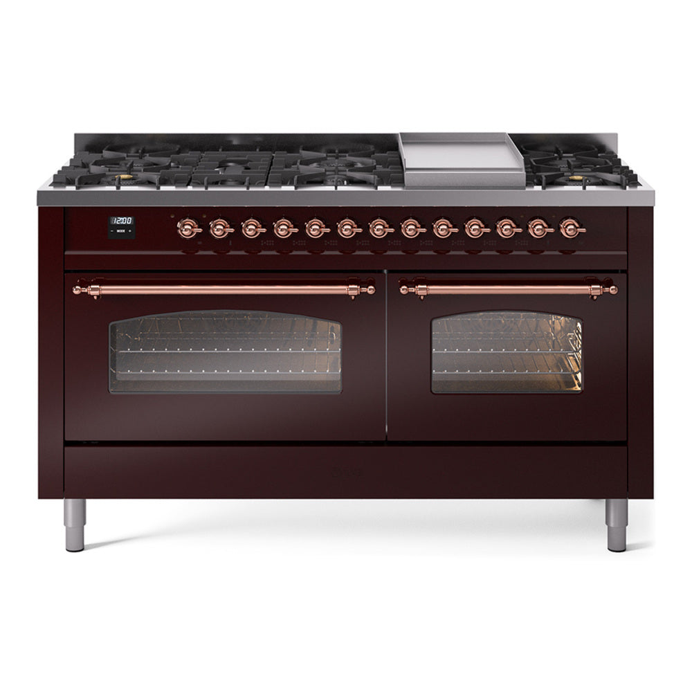 ILVE 60-Inch Nostalgie II Natural Gas Dual Fuel Range with 9 Burners, Griddle and Triple Glass Door Oven in Burgundy with Copper Trim (UP60FNMPBUP)
