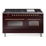 ILVE 60-Inch Nostalgie II Natural Gas Dual Fuel Range with 9 Burners, Griddle and Triple Glass Door Oven in Burgundy with Copper Trim (UP60FNMPBUP)