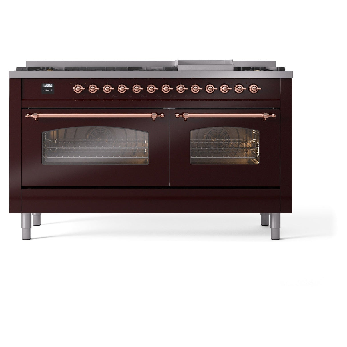 ILVE 60-Inch Nostalgie II Natural Gas Dual Fuel Range with 9 Burners, Griddle and Triple Glass Door Oven in Burgundy with Copper Trim (UP60FNMPBUP)