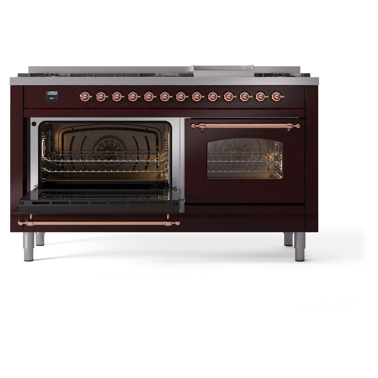 ILVE 60-Inch Nostalgie II Natural Gas Dual Fuel Range with 9 Burners, Griddle and Triple Glass Door Oven in Burgundy with Copper Trim (UP60FNMPBUP)