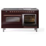 ILVE 60-Inch Nostalgie II Natural Gas Dual Fuel Range with 9 Burners, Griddle and Triple Glass Door Oven in Burgundy with Copper Trim (UP60FNMPBUP)