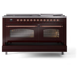 ILVE 60-Inch Nostalgie II Natural Gas Dual Fuel Range with 9 Burners, Griddle and Triple Glass Door Oven in Burgundy with Copper Trim (UP60FNMPBUP)