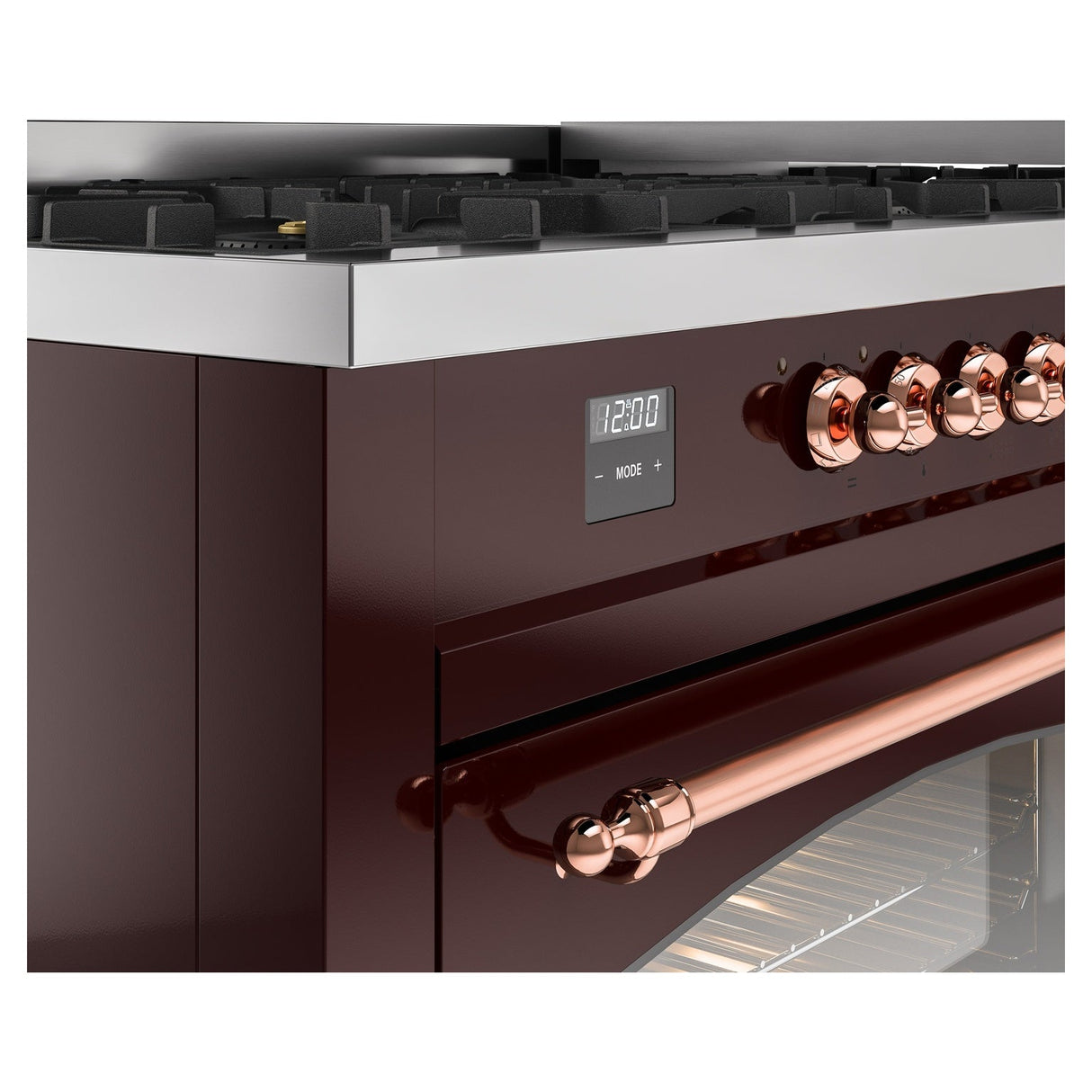 ILVE 60-Inch Nostalgie II Natural Gas Dual Fuel Range with 9 Burners, Griddle and Triple Glass Door Oven in Burgundy with Copper Trim (UP60FNMPBUP)
