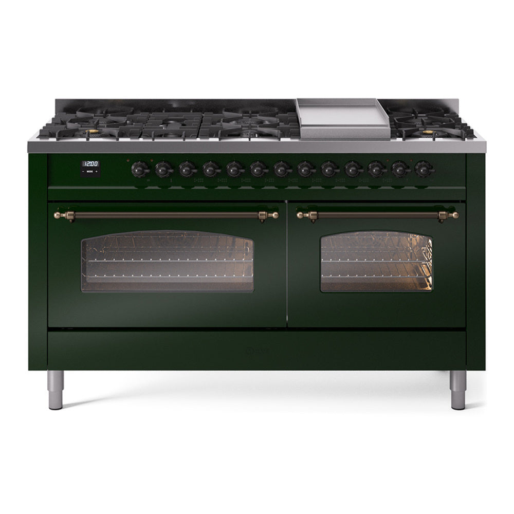 ILVE 60-Inch Nostalgie II Natural Gas Dual Fuel Range with 9 Burners, Griddle and Triple Glass Door Oven in Emerald Green with Bronze Trim (UP60FNMPEGB)