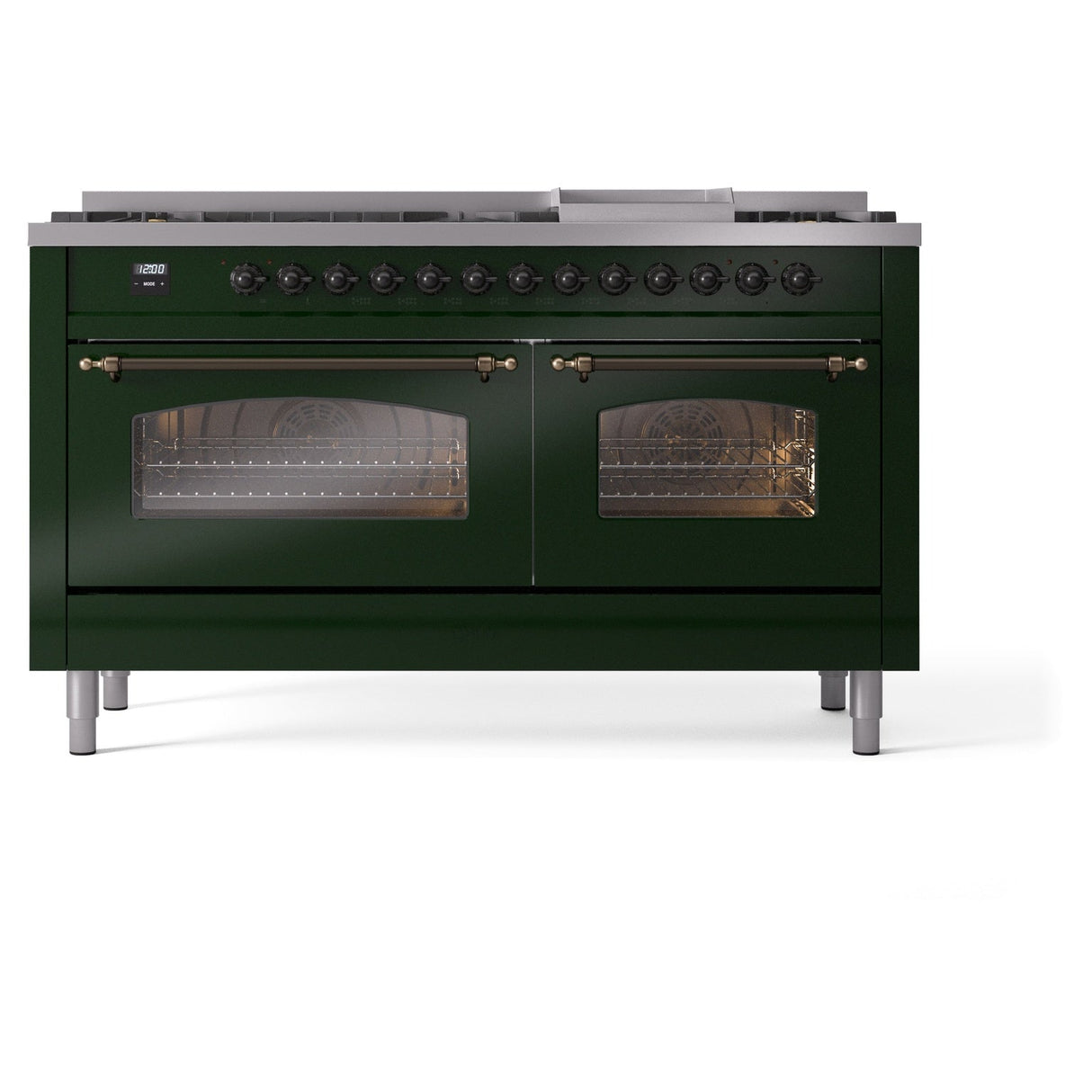 ILVE 60-Inch Nostalgie II Natural Gas Dual Fuel Range with 9 Burners, Griddle and Triple Glass Door Oven in Emerald Green with Bronze Trim (UP60FNMPEGB)
