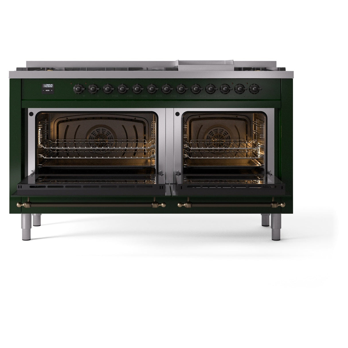 ILVE 60-Inch Nostalgie II Natural Gas Dual Fuel Range with 9 Burners, Griddle and Triple Glass Door Oven in Emerald Green with Bronze Trim (UP60FNMPEGB)