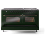 ILVE 60-Inch Nostalgie II Natural Gas Dual Fuel Range with 9 Burners, Griddle and Triple Glass Door Oven in Emerald Green with Bronze Trim (UP60FNMPEGB)