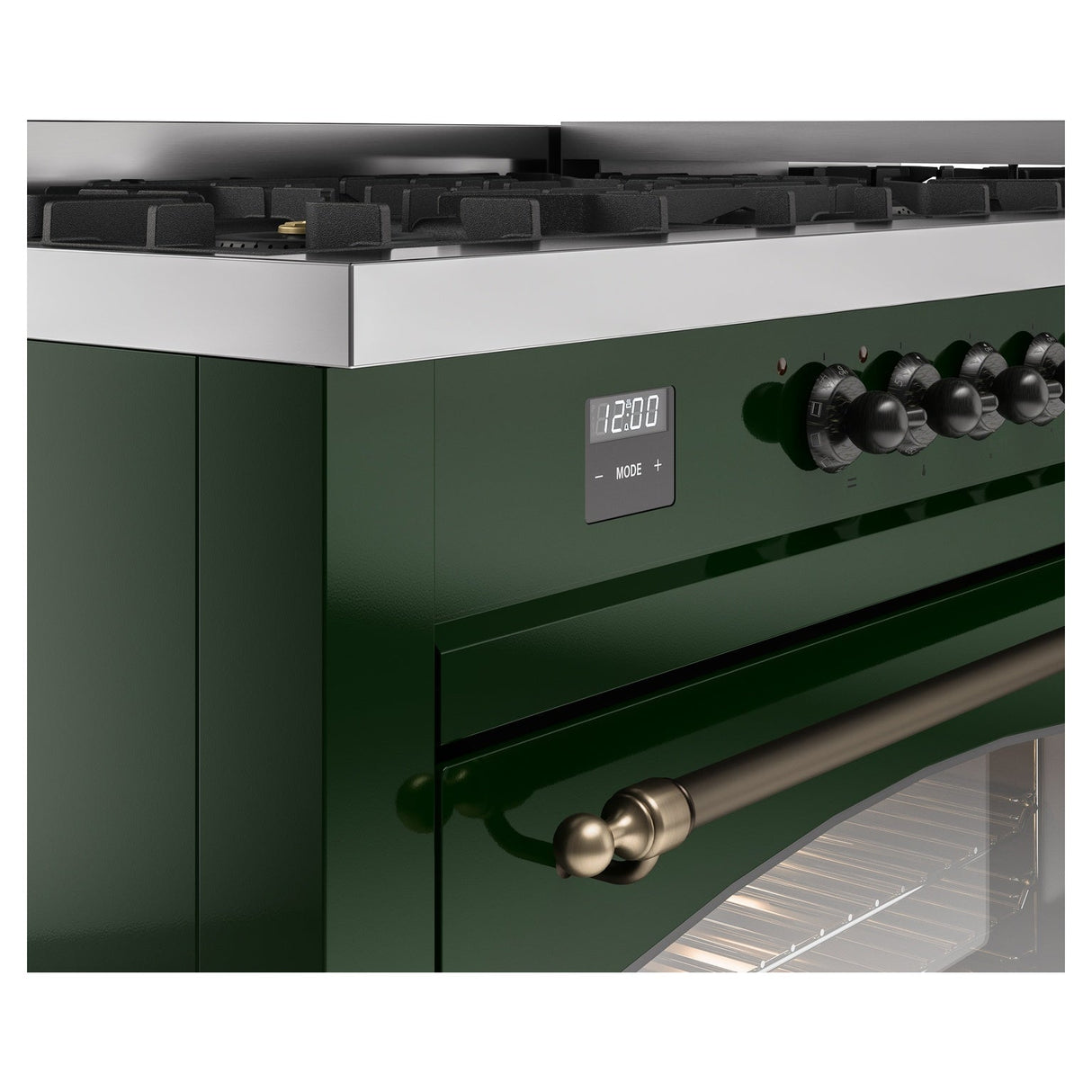 ILVE 60-Inch Nostalgie II Natural Gas Dual Fuel Range with 9 Burners, Griddle and Triple Glass Door Oven in Emerald Green with Bronze Trim (UP60FNMPEGB)