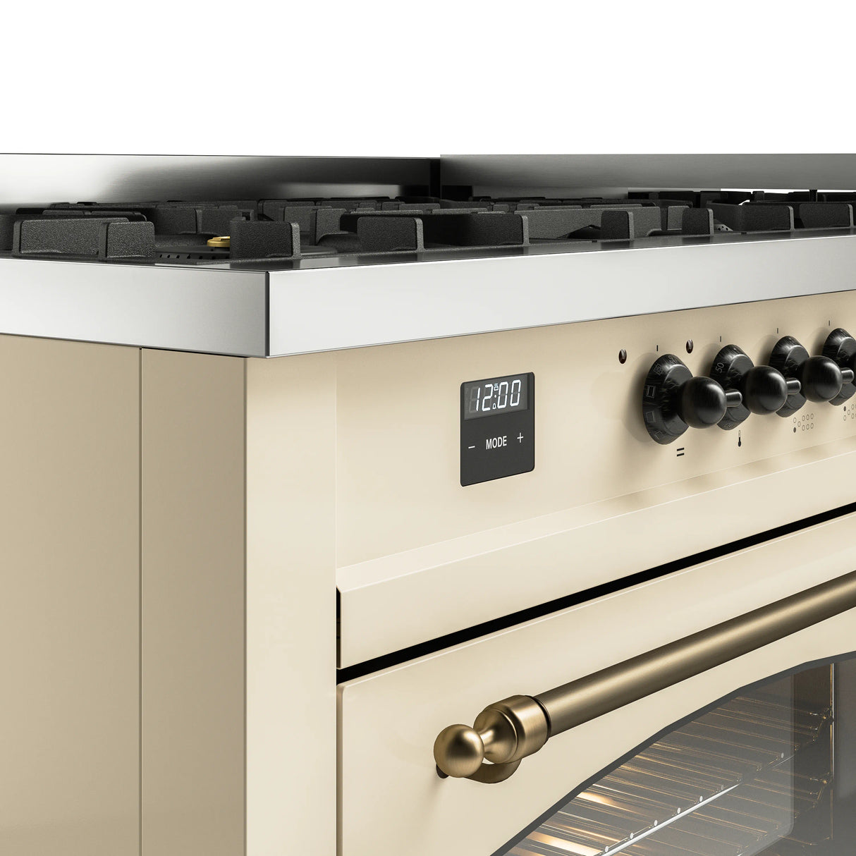 ILVE 60-Inch Nostalgie II Natural Gas Dual Fuel Range with 9 Burners, Griddle and Triple Glass Door Oven in Antique White with Bronze Trim (UP60FNMPAWB)