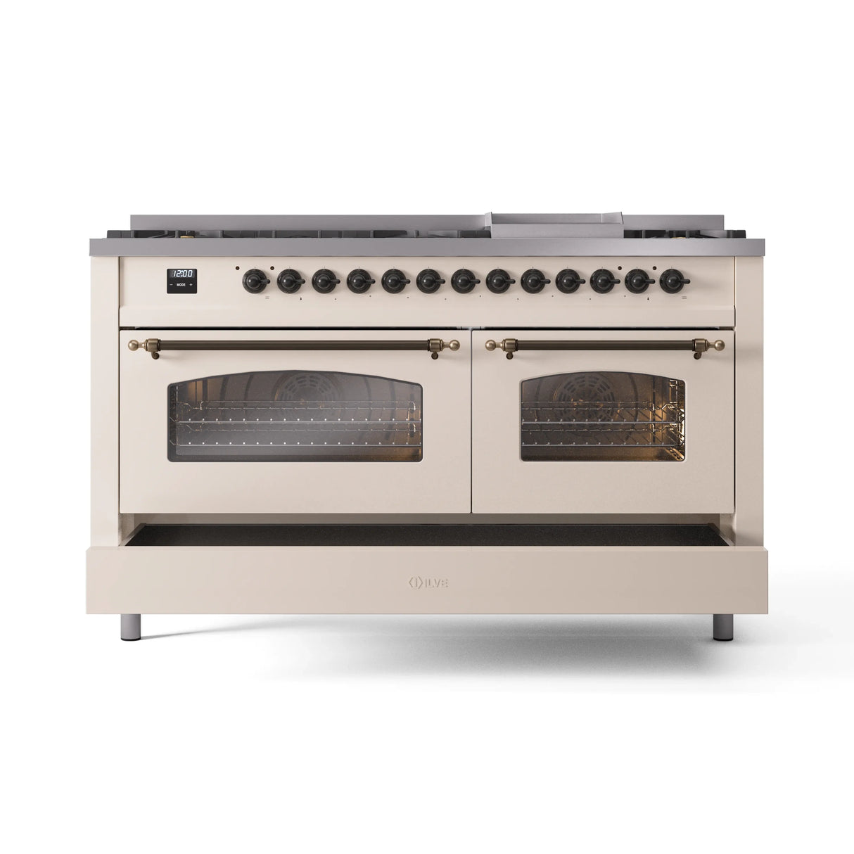 ILVE 60-Inch Nostalgie II Natural Gas Dual Fuel Range with 9 Burners, Griddle and Triple Glass Door Oven in Antique White with Bronze Trim (UP60FNMPAWB)