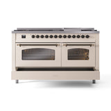ILVE 60-Inch Nostalgie II Natural Gas Dual Fuel Range with 9 Burners, Griddle and Triple Glass Door Oven in Antique White with Bronze Trim (UP60FNMPAWB)